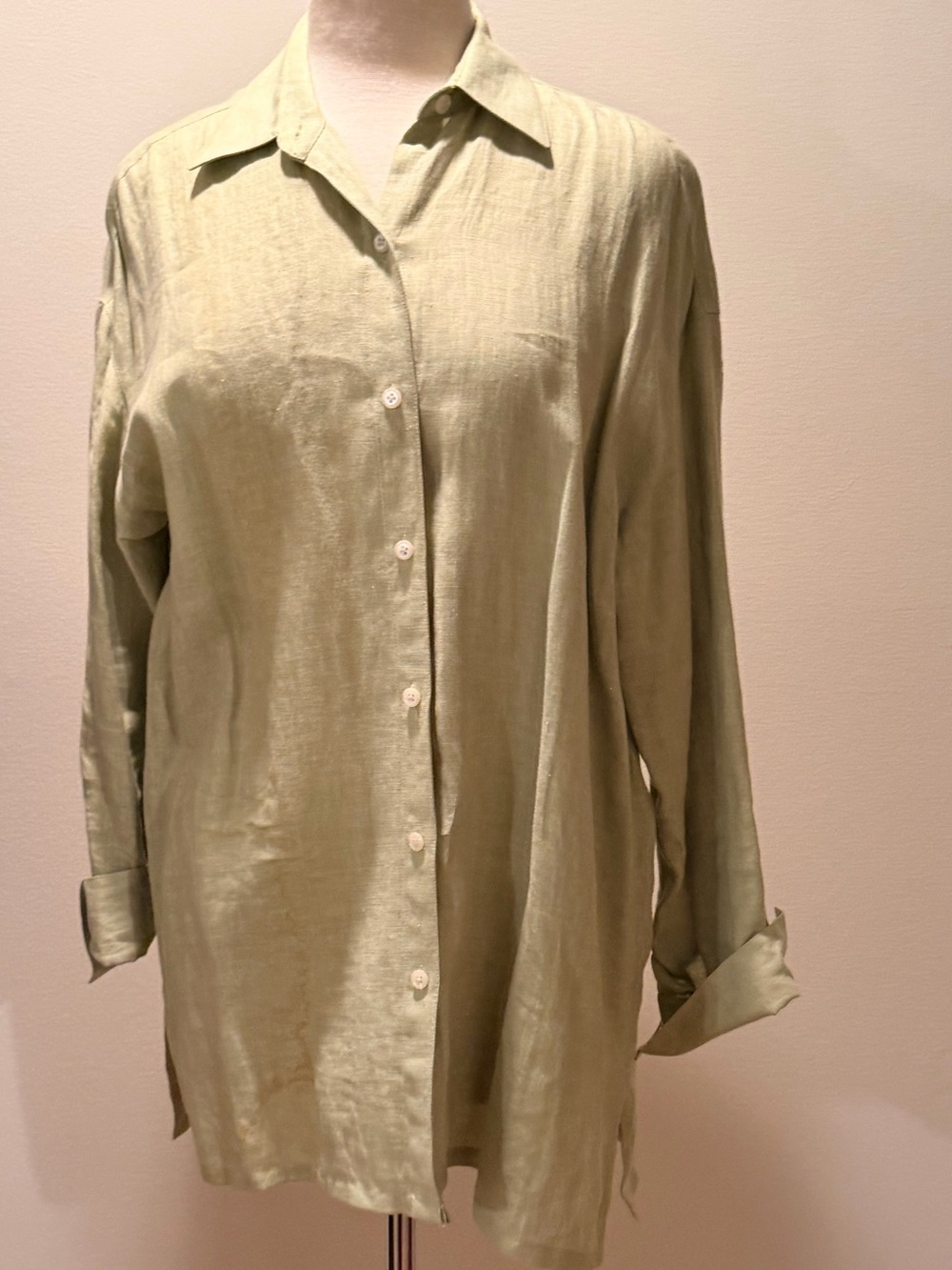 Ellen Tracy Light Sage Button-Down Linen Shirt